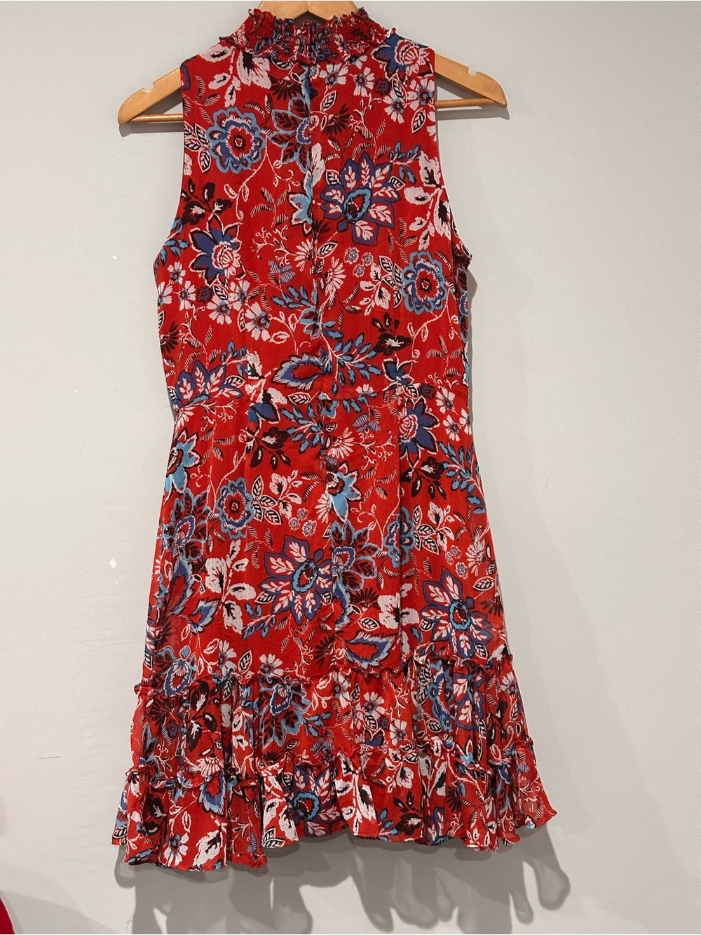 Red Floral Sleeveless Mini Dress with Ruffle Hem - Picture 6 of 6